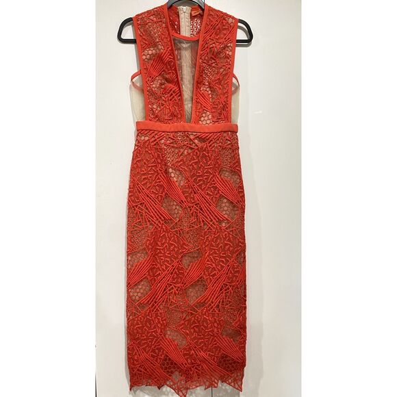 Manning Cartell Dress Red Lace sheath Medium Midi Gallery View Embroidered - Picture 9 of 16